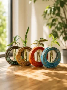 Hand-carved solid mango wood circular hydroponic planter with borosilicate glass test tubes and indoor plants for home and office décor.