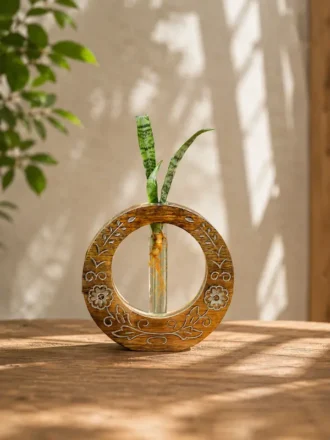 Hand-carved solid mango wood circular hydroponic planter with borosilicate glass test tubes and indoor plants for home and office décor.