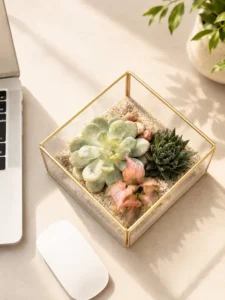 cube shaped glass succulent terrarium for desktop decor and gifting with geometric glass planter and indoor succulents in Delhi NCR India