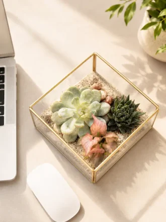 cube shaped glass succulent terrarium for desktop decor and gifting with geometric glass planter and indoor succulents in Delhi NCR India