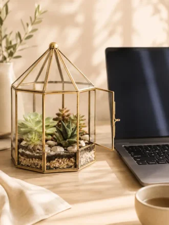 Desktop glass terrarium with real succulents by Wild Roots Gifting for gifting, office desk décor, home decoration, and corporate gifts in Delhi NCR and across India.