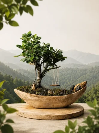 Elegant ficus bonsai planted in a hand-carved mango wood boat planter, styled as a premium natural décor piece for gifting and home interiors.