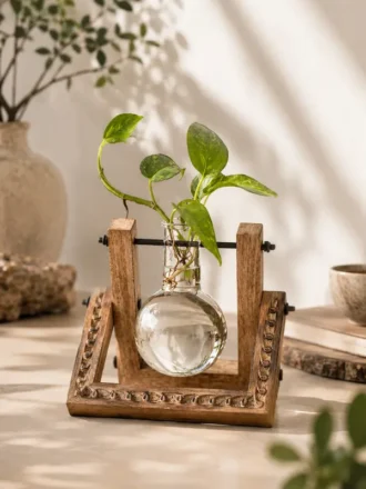 Premium wooden hydro pendulum vase desktop planter with glass hydroponic bulb vase and pothos plant cutting, styled as elegant indoor home and office décor.