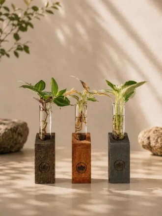 Set of three premium wooden test tube hydroponic planters with indoor plants, designed as elegant desktop décor for home, office, gifting, and modern interiors.