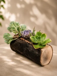 Handcrafted natural mango wood log planter with succulents for desktop décor and gifting