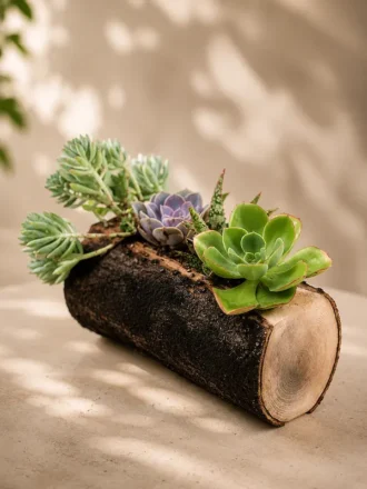 Handcrafted natural mango wood log planter with succulents for desktop décor and gifting
