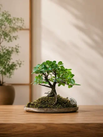 Original Ficus Bonsai tree on a wooden plate with natural moss and decorative rocks for premium home decor and gifting.