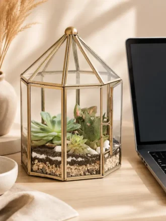 Desktop glass terrarium with real succulents by Wild Roots Gifting for gifting, office desk décor, home decoration, and corporate gifts in Delhi NCR and across India.