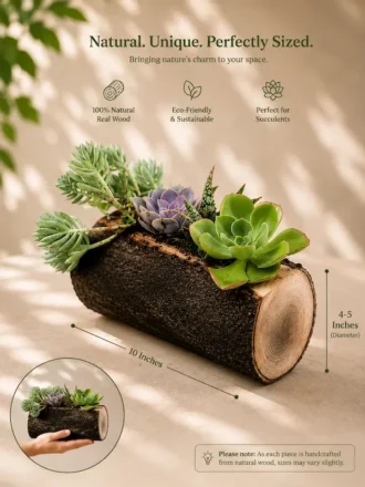 Handcrafted natural mango wood log planter with succulents for desktop décor and gifting