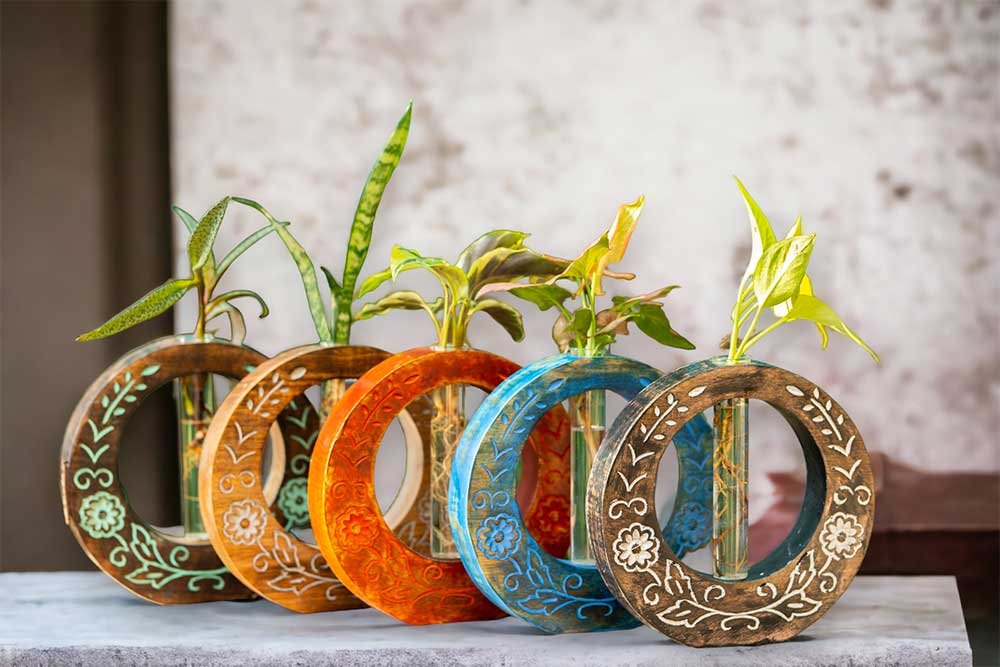 Test tube planter with intricately carved wooden stand by Wild Roots Gifting – elegant indoor green decor for Delhi NCR and Dehradun homes and offices