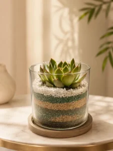 small cylindrical succulent terrarium in glass container 4x4 inches with layered sand and pebbles, mini indoor plant for desktop decor and gifting