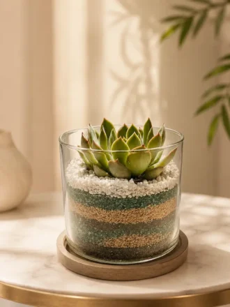 small cylindrical succulent terrarium in glass container 4x4 inches with layered sand and pebbles, mini indoor plant for desktop decor and gifting