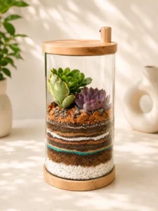 10-inch cylindrical glass terrarium with succulents and layered decorative soil by World Roots Gifting for indoor décor and gifting in India.