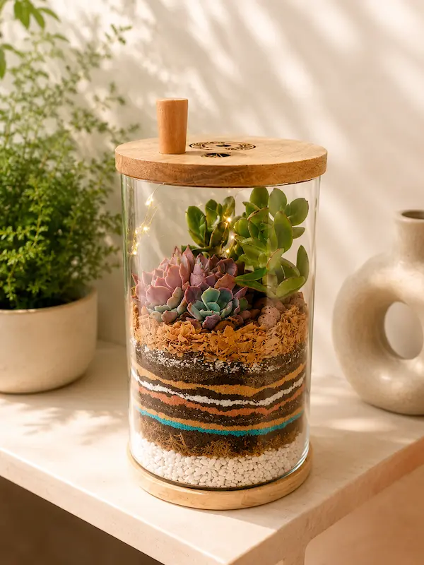 10-inch cylindrical glass terrarium with succulents and layered decorative soil by World Roots Gifting for indoor décor and gifting in India.