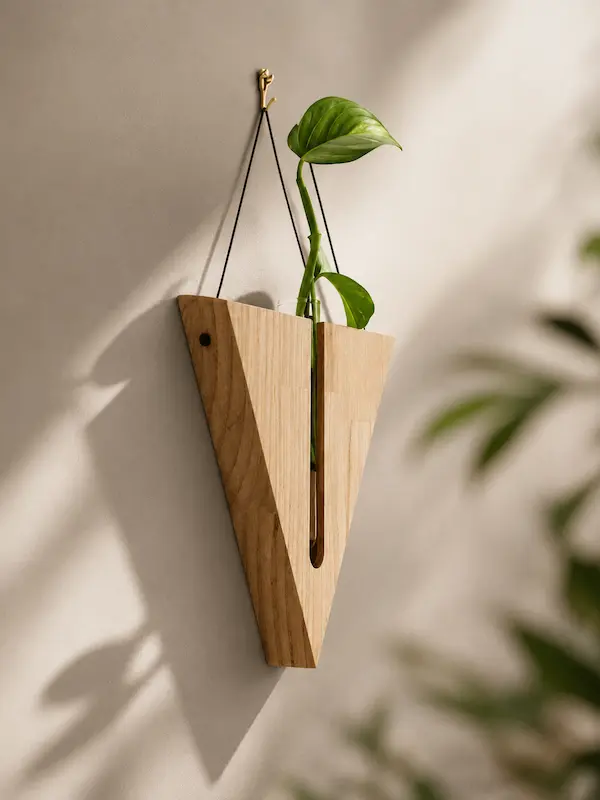 Premium V-shaped wooden wall hanging planter with glass test tube and pothos plant, minimalist indoor hydroponic planter for home décor, office decoration, and plant propagation.