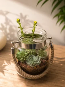 rope jar succulent terrarium with real succulent plants in glass jar planter, decorative indoor terrarium for desktop, office decor, gifting and modern home interiors