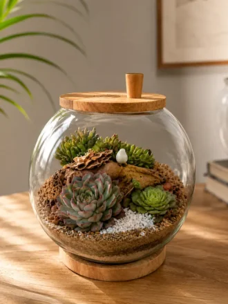 10 inch fishbowl succulent terrarium with real indoor plants in glass bowl, modern tabletop garden for home decor, office desk styling and eco friendly gifting