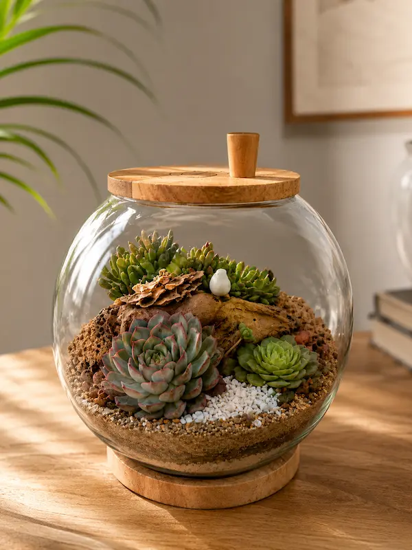10 inch fishbowl succulent terrarium with real indoor plants in glass bowl, modern tabletop garden for home decor, office desk styling and eco friendly gifting