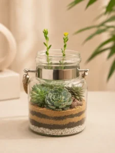 rope jar succulent terrarium with real succulent plants in glass jar planter, decorative indoor terrarium for desktop, office decor, gifting and modern home interiors