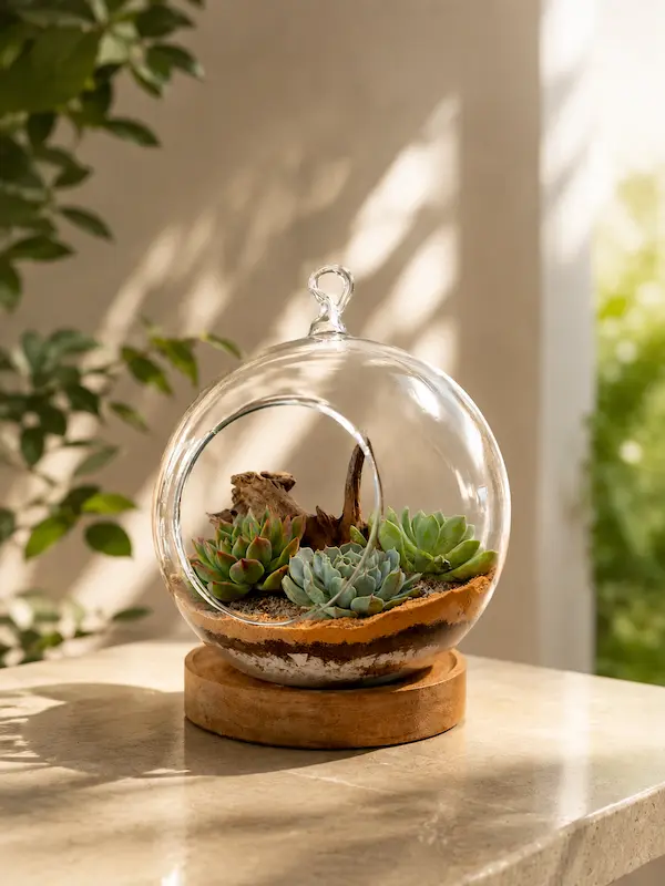 Handcrafted round borosilicate glass terrarium with succulent plants and wooden base plate for home décor, office décor, and premium gifting.
