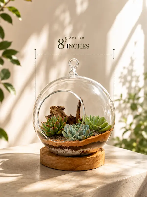 Handcrafted round borosilicate glass terrarium with succulent plants and wooden base plate for home décor, office décor, and premium gifting.