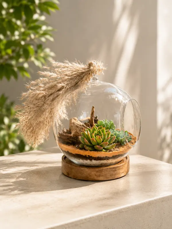 Handcrafted round borosilicate glass terrarium with succulent plants and wooden base plate for home décor, office décor, and premium gifting.