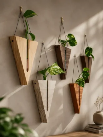 Premium V-shaped wooden wall hanging planter with glass test tube and pothos plant, minimalist indoor hydroponic planter for home décor, office decoration, and plant propagation.