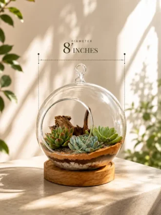 Handcrafted round borosilicate glass terrarium with succulent plants and wooden base plate for home décor, office décor, and premium gifting.