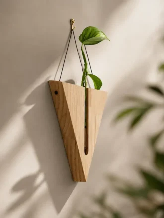 Premium V-shaped wooden wall hanging planter with glass test tube and pothos plant, minimalist indoor hydroponic planter for home décor, office decoration, and plant propagation.
