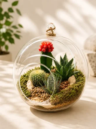 6-inch hanging glass bowl terrarium with succulents and cactuses by Wildroots Gift for home décor, office styling, and gifting in India.
