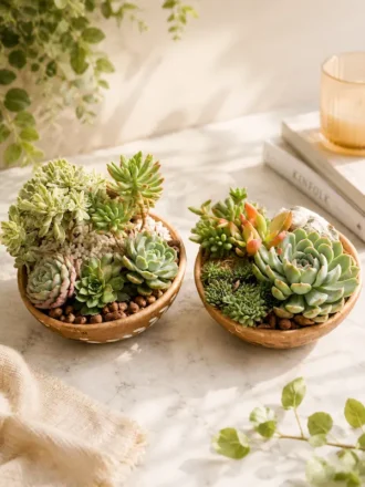 Premium handcrafted wooden bowl planter with succulent terrarium arrangement and decorative stones for indoor home décor, office desk styling, and gifting by Wild Roots.