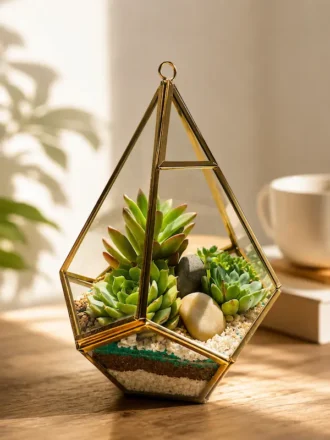 Premium prism geometric glass terrarium with succulents, designed as a hanging and tabletop glass planter for modern home décor, office styling, and gifting. SEO Keywords / Search Phrases