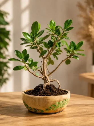2-year-old Ficus bonsai tree in a hand-carved mango wood bowl planter with 8-inch diameter and 12 to 16-inch height for indoor home décor.