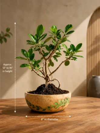 2-year-old Ficus bonsai tree in a hand-carved mango wood bowl planter with 8-inch diameter and 12 to 16-inch height for indoor home décor.
