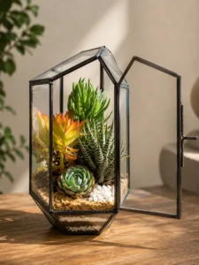 Pentagon geometric glass terrarium with succulents, layered sand, and modern indoor décor styling for homes, offices, and gifting.