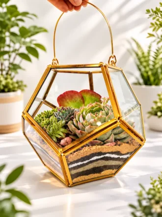 Geometric garden lantern terrarium with succulent plants by Wild Roots Gifting for modern home décor and gifting delivery across India via gifting.wildroots.in.