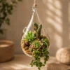 Premium hanging water drop glass succulent terrarium with mixed succulents and trailing string of pearls plant, styled as elegant indoor home décor and gifting accessory.