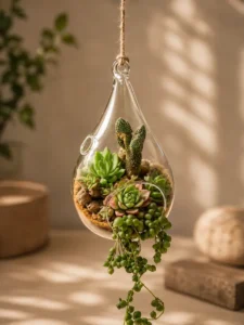 Premium hanging water drop glass succulent terrarium with mixed succulents and trailing string of pearls plant, styled as elegant indoor home décor and gifting accessory.