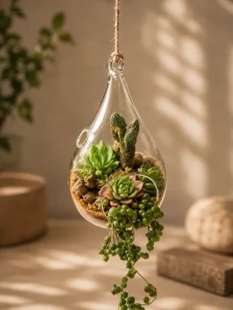 Premium hanging water drop glass succulent terrarium with mixed succulents and trailing string of pearls plant, styled as elegant indoor home décor and gifting accessory.