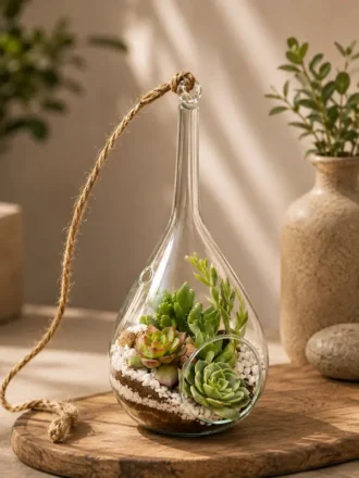 Premium hanging succulent terrarium planter made from borosilicate glass with real succulents, styled as elegant indoor hanging and desktop décor for home, office, and gifting.