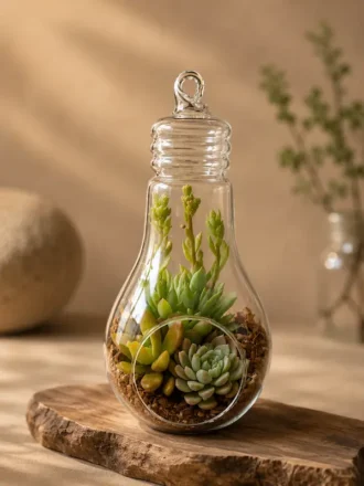 Premium bulb-shaped borosilicate glass terrarium planter with layered succulent arrangement, suitable for hanging décor and desktop styling in modern homes and offices.