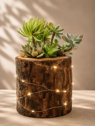 Handcrafted solid durial wood log planter with succulents for desktop décor, office table decoration, and premium gifting