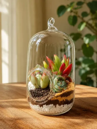Capsule terrarium with succulents inside premium borosilicate glass planter for home décor, desk decoration, and modern gifting purposes.