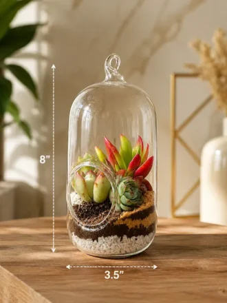Capsule terrarium with succulents inside premium borosilicate glass planter for home décor, desk decoration, and modern gifting purposes.