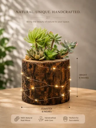 Handcrafted solid durial wood log planter with succulents for desktop décor, office table decoration, and premium gifting