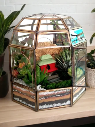 Geometric dome glass house terrarium with live plants by Wildroots – modern indoor garden décor