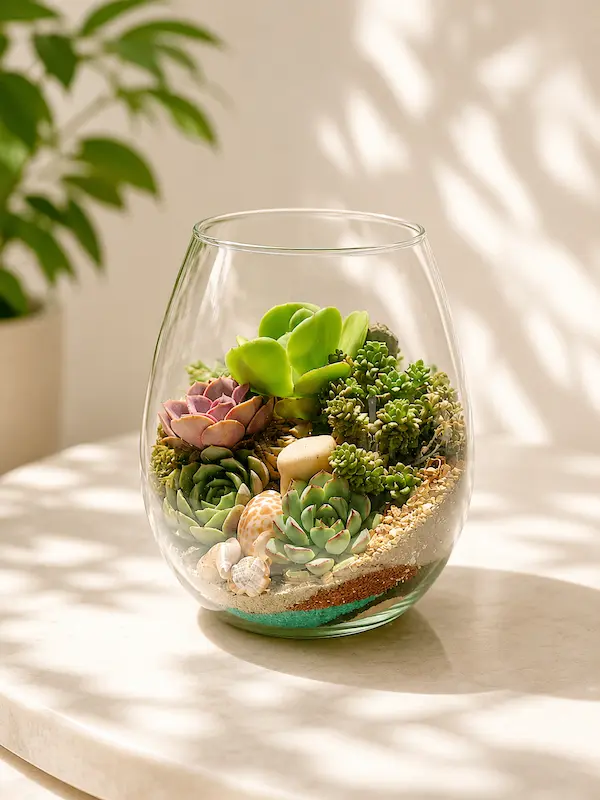 Oval glass desktop terrarium with succulent plants in a decorative 8-inch tall and 6-inch diameter glass bowl for modern indoor dΓ©cor.