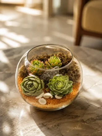 8 inch glass fish bowl terrarium with green succulents, decorative sand layers, and modern indoor tabletop décor arrangement.