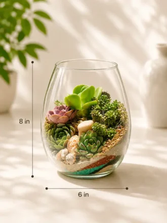 Oval glass desktop terrarium with succulent plants in a decorative 8-inch tall and 6-inch diameter glass bowl for modern indoor décor.