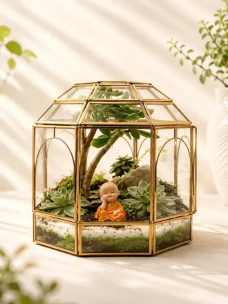 Geometric dome glass house terrarium with Buddha figurine and succulent plants by Wildroots Gifting for desktop décor and gifting across India via gifting.wildroots.in.